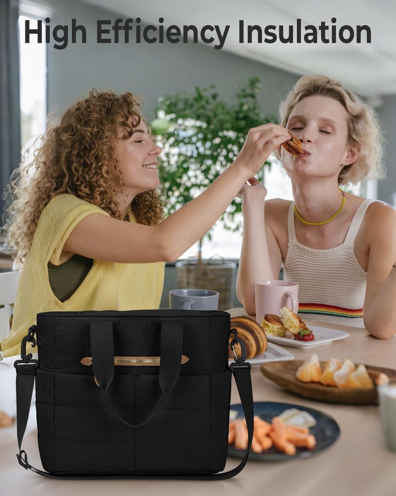Tuwubi Lunch Box for Women, Large Puffy Quilted Lunch Tote Bag with Adjustable Strap & Multi-Pockets, Insulated Lunch Bags for Women Work, School, Picnic Black - Image 2